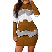 Maxi Dress, Womens Winter Autumn Round Neck Long Sleeve Knit Bodycon Midi Dress Colorblock Striped Package Hip Maxi Sweater Dresses Brown