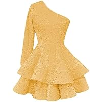 Junior's One Shoulder Sequin Homecoming Dresses Short Sparkly Layered Long Sleeve Tiered Cocktail Gowns