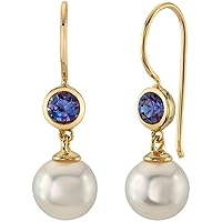Peora 14K Yellow Gold 8mm Freshwater Cultured White Pearl and Created Alexandrite Drop Earrings for Women, June Birthstone, Fish Hooks