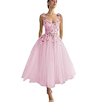 Lawrncedw 3D Flower Embroidered Formal Prom Gown Puffy Princess Dresses Spaghetti Straps Cocktail Party Dress Tea Length
