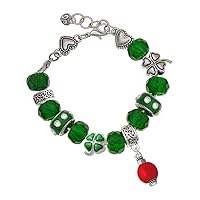 Silvertone Red Chinese Lantern with Clear Crystal - Green Irish Luck Bead Charm Bracelet, 7.5