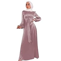 Muslim Women Satin Abaya Elegant Empire Waist Long Sleeve Maxi Dress Round Collar Middle Eastern Gown Ramadan Prayer Dresses