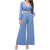 Womens Dressy Outfit 2 Piece Long Sleeve Crop Tops and Wide Leg Pants Set Elegant Flowy Outfits Two Piece Suits