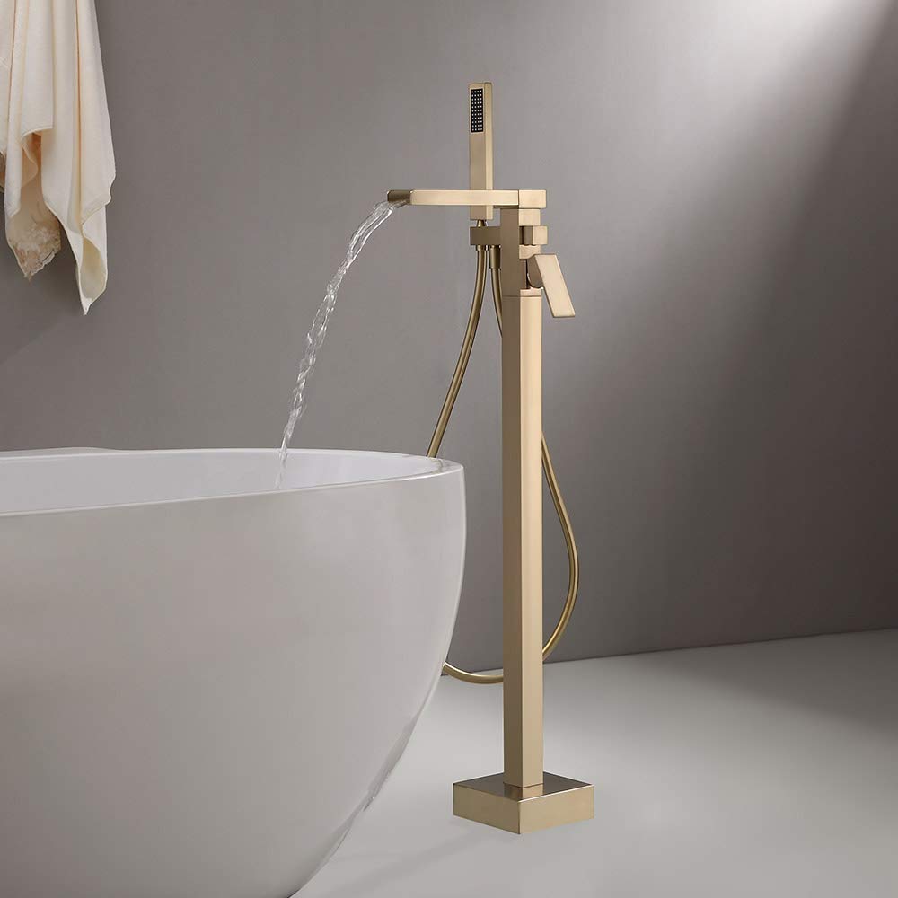 Homary Waterfall Freestanding Bathtub Faucet Tub Filler Brushed Gold Floor Mount Brass Single Handle Bathroom Faucet with Hand Shower Set