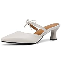 Womens Low Kitten Heel Pointed Toe Mules with Bow Slip On Slide Sandals