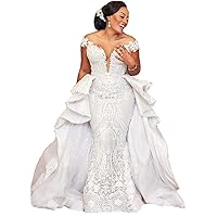 Off Shoulder Sequins Lace Bridal Ball Gown Detachable Train Mermaid Wedding Dresses for Bride Plus Size