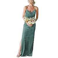 Women's Cowl Neck Velvet Bridesmaid Dresses Long Modern Formal Wedding Guest Dress with Side Slit M005