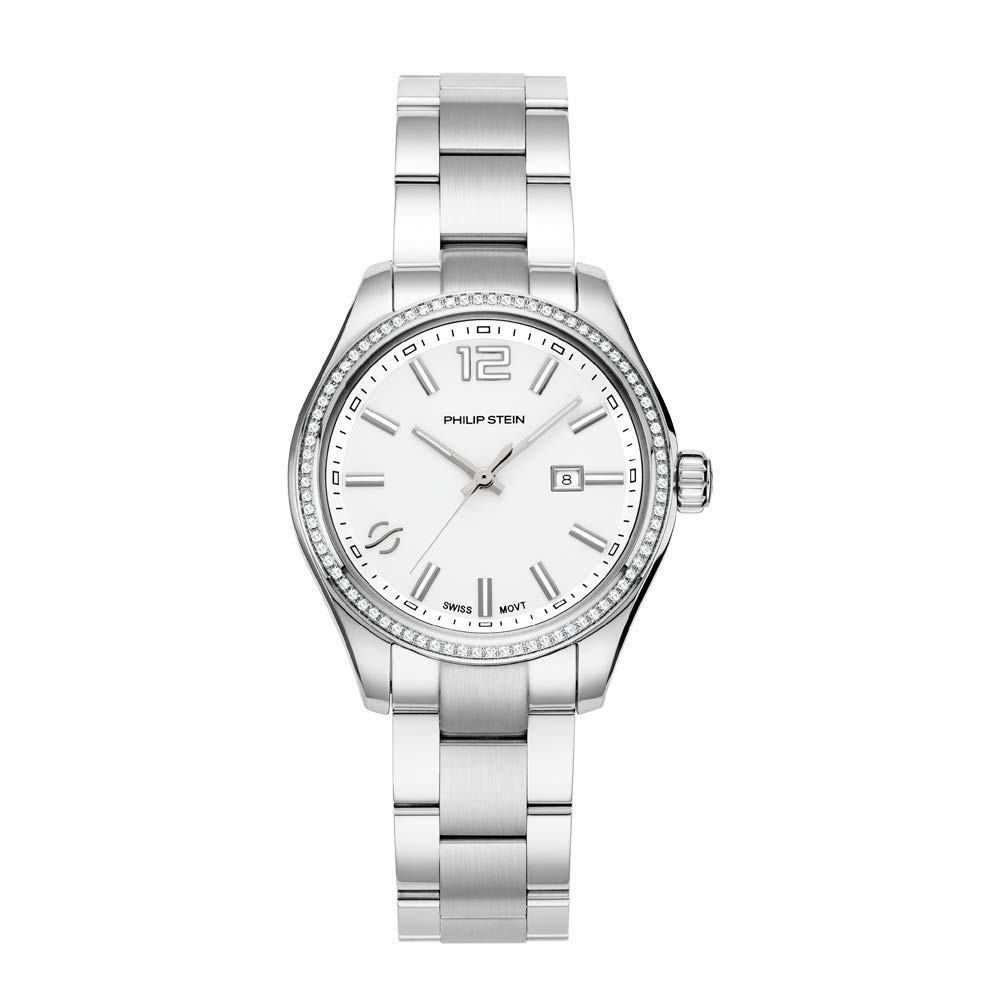 Philip Stein Analog Display Wrist Swiss Quartz Traveler Ladies Diamond Smart Watch Stainless Steel Silver Clasp Chain with White Dial Natural Frequency Technology Provides Energy - Model 91D-CWSL-SS