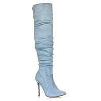 Womens Stiletto High Heel Pointed Toe Slouch Ruched Faux Suede Knee High Boots