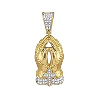 The Diamond Deal 10kt Yellow Gold Mens Round Diamond Rosary Praying Hands Charm Pendant 1/4 Cttw
