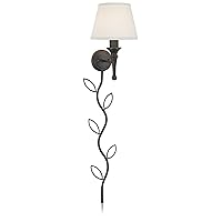 Regency Hill Braidy Country Cottage Wall Lamp with Cord Cover Bronze Metal Plug-in Light Fixture Ivory Cotton Drum Shade for Bedroom Bedside House Reading Living Room Home Hallway Dining