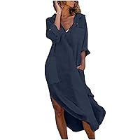 Cotton Linen Dresses for Women 2024 Linen Shirt Dress Long Sleeve Maxi Button Down Shirt Dress Long Linen Dress
