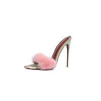 Frankie Hsu Women's Large Size Luxury Gold Metal Tip Pink Green Furry Fuzzy Fluffy Plush Mink Fur Stiletto Slipper Mules High Heeled Sandals
