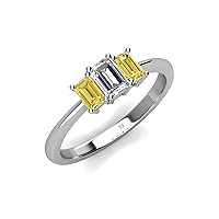 Emerald Cut (6x4 mm) Natural Diamond & Yellow Sapphire 1 1/3 ctw 3 Stone Engagement Ring 14K Gold
