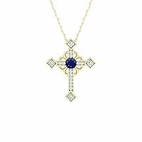 DTJEWELS 1.20 CT Round Cut Blue Sapphire and Diamond Religion Cross Pendant Necklace 14K Yellow Gold Over Sterling Silver