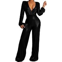 ZonJie Sparkly Jumpsuits for Women Dressy Formal Plus Size Long Sleeve Sequin Party Rompers Sexy V Neck Wide Leg Pants Suit