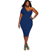 Plus Size One-Shoulder Ruched Bodycon Dress (Blue)