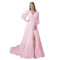 Puffy Sleeve Tulle Prom Dresses Long Ball Gown with Slit for Women 2024 V Neck Long Formal Evening Gowns