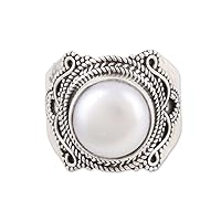 NOVICA Artisan Handmade Cultured Freshwater Pearl Cocktail Ring .925 Sterling Silver White Single Stone India Birthstone 'Cultured Freshwater Pearl Glamour'