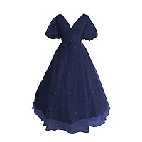 Vintage Puffy Sleeve Prom Dresses Tea Length Tulle Formal Cocktail Party Dress for Women R016