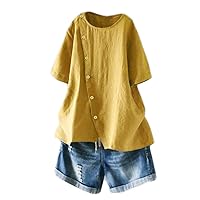 Minibee Women's Linen Blouse Tunic Short Sleeve Shirt Tops With Buttons Decoration