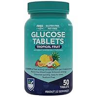 Glucose Tablets, Tropical Fruit Flavor - 50 Count - Low Blood Sugar Tablets - Fat Free - Gluten Free - Sodium Free - Caffeine Free - 4 Carbs per Serving