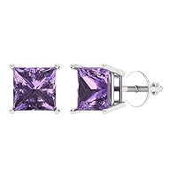 3.0 ct Brilliant Princess Cut Solitaire Simulated Alexandrite Pair of Stud Everyday Earrings Solid 18K White Gold Screw Back