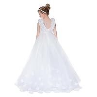 Backless Pearl Flower Girl Dress Wedding Ivory Lace Tulle Princess Birthday Party Dress with Train/Chiffon Flower Petals
