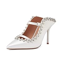 XYD Women's Satin Heeled Mules Stylish Pointed Toe Dual Straps Crystal Rhinestones Slip On Bridal Party Evening Sandals Shoes