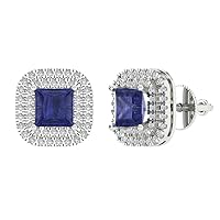 2.99 ct Princess Round Cut Halo Solitaire Simulated Tanzanite Pair of Solitaire Stud Screw Back Earrings 18K White Gold