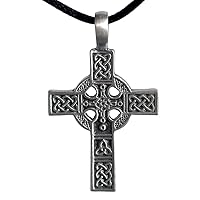 Celtic Cross Medieval Silver Pewter Men's Pendant Necklace w Black Leather Cord