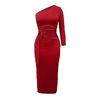 Sexy Dress for Women Fashion Solid Color Bodycon Tight One-Shoulder Sleeveless Flounced Edge Belt Long Dress