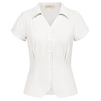 Belle Poque Women Short Sleeve Button Down Shirts Vintage Shirts Business Casual Dressy Blouse Tops