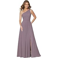 Women's Chiffon One Shoulder Bridesmaid Dresses Slit A-line Long Formal Evening Party Dress with Pockets