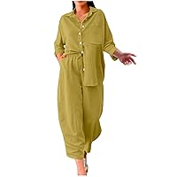 Women's Two Piece Fall Outfits Button Down Long Sleeve Shirts and High Waist Pants Set Relaxed Fit Tracksuit Sets