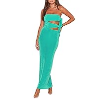 Women Sexy Tube Tops Dress Off Shoulder Sleeveless Cutout Long Dress y2k Slim Party Club Dress for Vacation Wedding