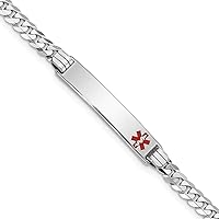 Jewels By Lux Engravable Personalized Custom 14K White Gold Medical Red Enamel Flat Curb Link ID Bracelet For Men or Women Length 8 inches Width 5.5 mm With Lobster Claw Clasp