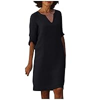 YUTANRAL Summer Dresses for Women 2023 Dressy Casual Trendy Elegant Midi Dress Cotton Linen 3/4 Sleeve Plus Size Beach Dress