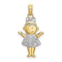 12.4mm 10k Textured With Rhodium Girl Charm Pendant Necklace Jewelry for Women