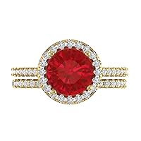 Clara Pucci 2.72ct Round Cut Halo Solitaire Genuine Simulated Ruby Engagement Anniversary Wedding Ring Band set 18K Yellow Gold