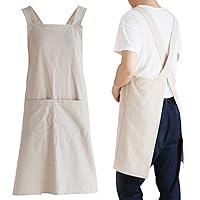 NEWGEM Japanese Linen Cross Back Kitchen Cooking Aprons for Men with Pockets for Baking Painting Gardening Cleaning Khaki