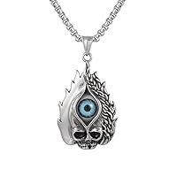Hip Hop Mens Vintage Stainless Steel Illuminati Egyptian Eye of Horus Halloween Flame Skull Necklace Pendant with 24 inch Chain