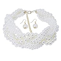 JNF Hand made Pearl Statement Necklace for Women Rhinestone Multilayer Crystal Necklaces Chunky Pearl Necklace Large Pearl Necklace and Earrings Set for Mother Mom's gift