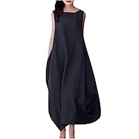 Women's Summer Casual Sleeveless Crewneck Cotton Linen Sun Dress Maxi Tunic Tank Beach Dresses with Pockets
