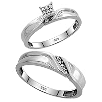 Genuine 925 Sterling Silver Diamond Trio Wedding Sets for Him and Her Bypass Design 3-piece 5mm & 3.5mm wide 0.11 cttw Brilliant Cut sizes 5-14