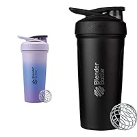 BlenderBottle Strada 25-Ounce Lavender & 24-Ounce Black Insulated Stainless Steel Protein Shaker Bottles with Wire Whisk