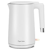 Taylor Swoden Electric Tea Kettles for Boiling Water, Double Wall Stainless Steel 1.5L Hot Water Boiler with Auto Shut-Off & Boil Dry Protection, Cordless Base & LED Indicator, 1500W, White