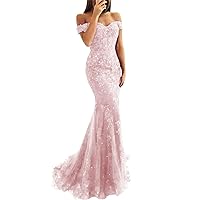 Lace Mermaid Prom Dresses for Women Bodycon Off The Shoulder Formal Dress with Train BD409