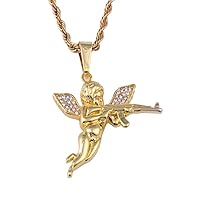 Sparkled Cupid Angel Gun Pendant Necklace Iced With Cubic Zirconia Stones Mens Gold Angel Necklace Jewelry Stainless Steel Hip Hop Jewelry