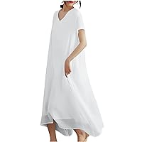 Womens Flowy Shirt Dress Summer Short Sleeve V Neck Double Layers A-Line Dress Casual Loose Fit Beach Vacation Dress